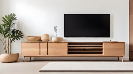 White walls, a minimalist decor, and a wooden TV cabinet in the living room