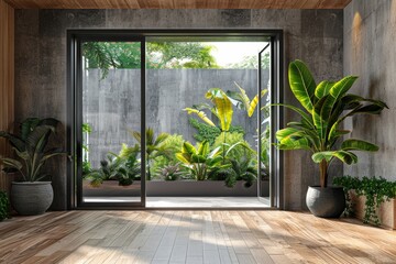 Modern contemporary loft empty room with open door to garden 3d render. The Room. have concrete and wooden plank wall, parquet floor, plants, panoramic, Generative AI