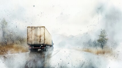 A lone truck drives down a wet road in a foggy, rural landscape. Watercolor painting.