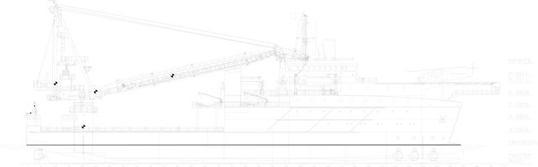 Vector sketch illustration design drawing of rescue transport ship with helicopter and tower crane