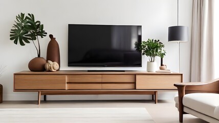 White walls, a minimalist decor, and a wooden TV cabinet in the living room