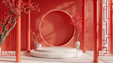 3d rendering of minimal scene of blank podium with Chinese lunar new year theme. Display stand for product presentation mock up. Chinese traditional texture