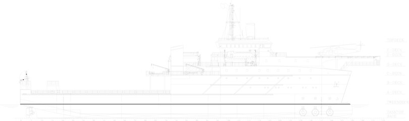 Vector sketch illustration design drawing of rescue transport ship with helicopter and tower crane