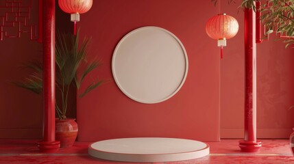 3d rendering of minimal scene of blank podium with Chinese lunar new year theme. Display stand for product presentation mock up. Chinese traditional texture