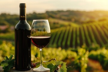 Bottle of red wine and a glass of red wine with vineyard background
