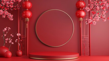 3d rendering of minimal scene of blank podium with Chinese lunar new year theme. Display stand for product presentation mock up. Chinese traditional texture