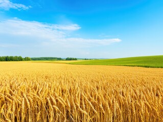 Naklejka premium Golden wheat field under clear blue sky