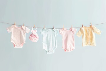 A simple clothesline with pastel baby clothes and accessories, set against a clean background