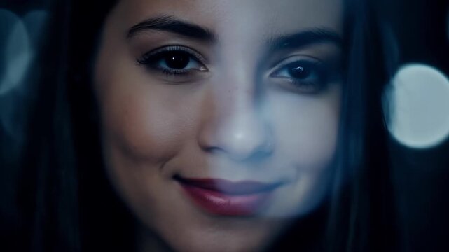 A young woman with long dark hair and a mysterious smile her eyes filled with anticipation for soing unknown. The background is a dark moody setting adding to the sense of suspense