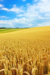 Naklejka premium Golden wheat field stretching to horizon under bright blue summer sky landscape