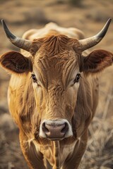 Majestic Menorcan Cow with Curved Horns Against Sky Background