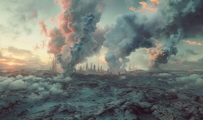 Toxic clouds envelop the ruined planet, a consequence of ecological neglect and human folly