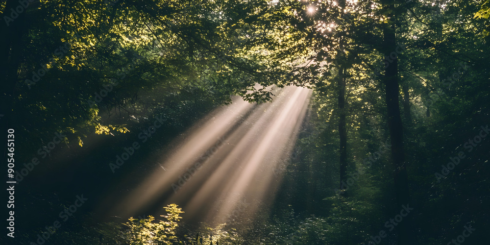 Wall mural dense forest with sunlight shafts