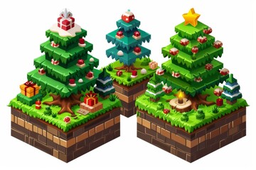 Charming miniature Christmas trees decorated with festive ornaments celebrating traditional holiday cheer in a playful setting.