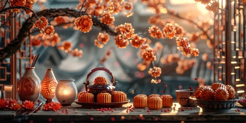 Traditional Mooncake Festival setup for National Mooncake Day, October 4th, ornate mooncakes, cultural celebration, festive table