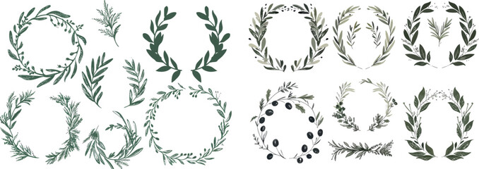 Obraz premium This set of wreaths features an ornamental branch wreath, olive branches, and round floral ornament frames. It features a bundle of victory or triumph symbols, natural decorative design elements with