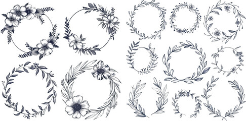 A set of natural monochrome circular decorations made from foliage of plants, including round branches with leaves, framed with hand drawn flowers, and framed with decorative sketch leaf circles.