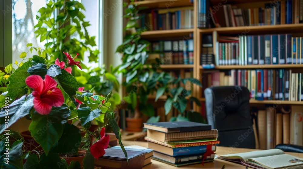 Poster a serene library corner filled with colorful plants and neatly organized books, illuminated by soft 