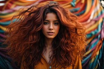 Fototapeta premium A young woman with magnificent hair poses against a bright background, creating a spectacular and memorable image