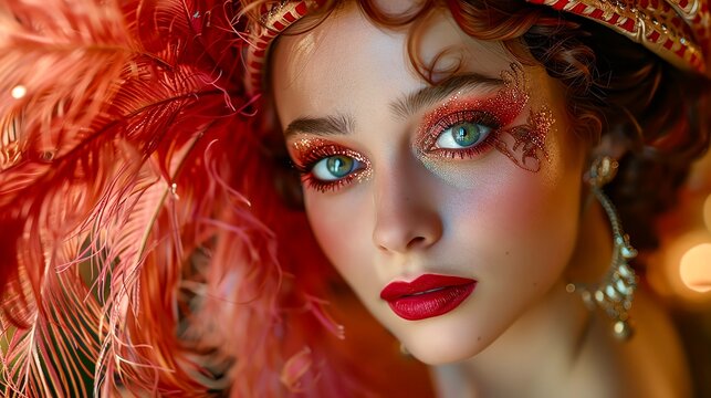 Close-up portrait of a woman with vibrant makeup and a dramatic feathered headdress.
