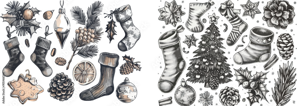 Poster this sketch decoration set has christmas and happy new year symbols. the elements include sock and g