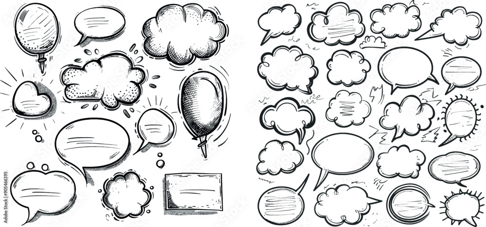 Poster sketchy speech bubbles with message, dialog balloons, and cloud, outlined doodle style set in square