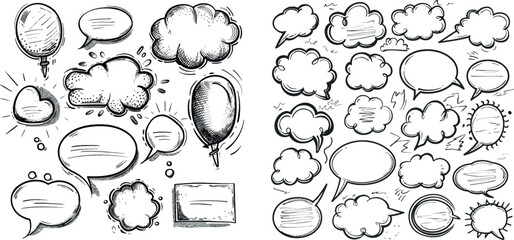 Fototapeta premium Sketchy speech bubbles with message, dialog balloons, and cloud, outlined doodle style set in square, rectangle, heart, and cloud shapes.