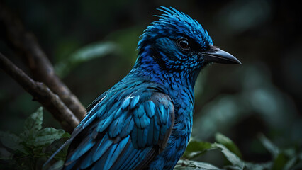 A blue bird is walking through the woods