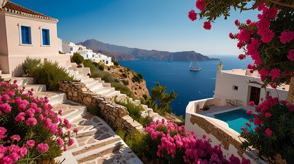 Iconic landscape of mediterranean greek island with blue sky and pink flowers.