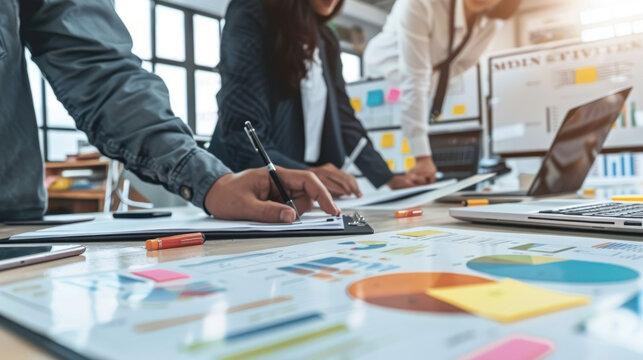 Business team discussing strategy with a digital whiteboard.
