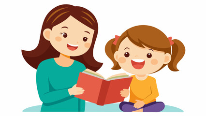 cute girl read books with mom vector illustration