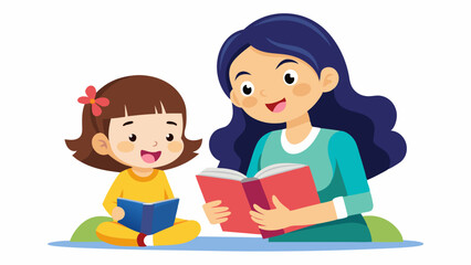 cute girl read books with mom vector illustration
