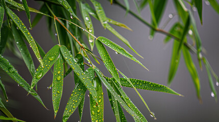 Fototapeta premium A green leaf with water droplets on it. The leaf is surrounded by a blurry background. Concept of tranquility and calmness, as the water droplets on the leaf create a serene atmosphere