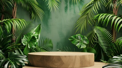 Obraz premium Fashion show stage podium with tropical palm leaves and Monstera plant. Empty scene for product show and mock up. Summer time background
