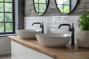 Close up of comfortable double sink with two round mirrors standing on wooden countertop in modern bathroom with white walls, Generative AI
