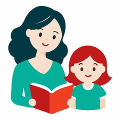 cute girl read books with mom vector illustration