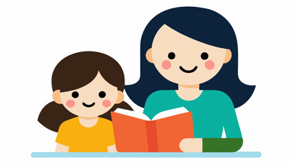 cute girl read books with mom vector illustration
