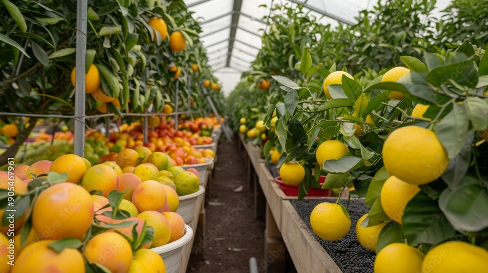 Poster bright yellow lemons and colorful oranges thrive together in rows within a well-maintained greenhous