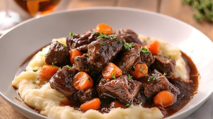 French beef bourguignon with tender beef, carrots, and red wine sauce, served with mashed potatoes