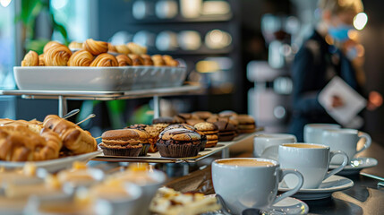 Coffee break at a business conference. Catering services for events with copy space.