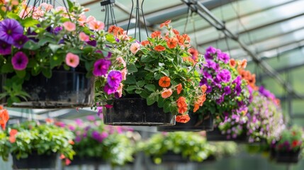 Vibrant hanging baskets filled with pink, orange, and purple flowers are suspended in a well-lit greenhouse.