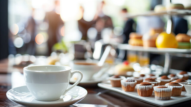 Coffee break at a business conference with copy space.