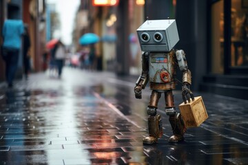 Lonely robot courier with box on rainy city street