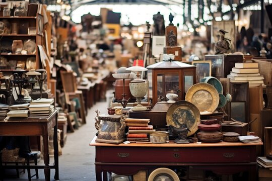 Lively flea market with vintage antiques and collectibles on display