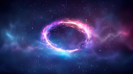 Fototapeta premium Abstract cosmic ring with glowing light and nebula background.