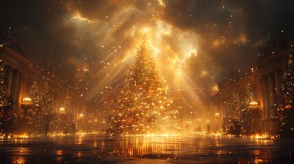 Majestic Christmas Tree Surrounded by Glowing Lights in Enchanting Winter Wonderland at Night