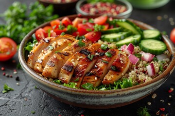 Delicious Grilled Chicken Bowl With Fresh Vegetables and Quinoa on Rustic Table