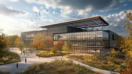 Fototapeta premium Modern Sustainable Campus Building in Autumn