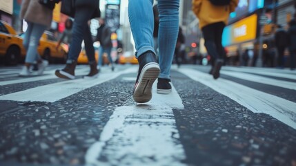 Fototapeta premium People legs crossing the pedestrian crossing in New York city