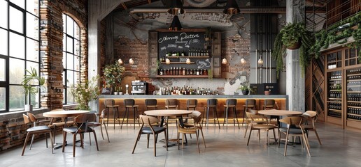 Fototapeta premium Industrial Chic Bar Interior with Exposed Brick and Rustic Furniture